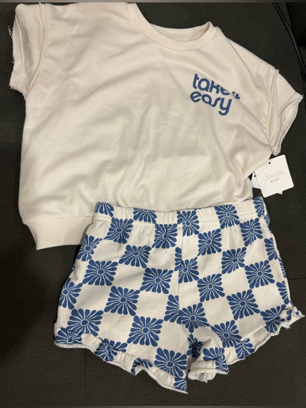 White and Blue Daisy Print Kids Shorts set  - Grayson mini